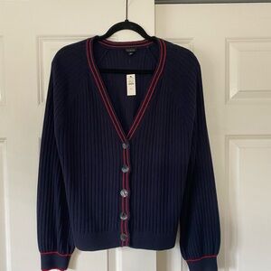 Talbots navy red trim cotton v neck cardigan sweater size medium